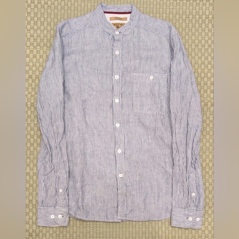 Gilded Age 100% Linen Fitzgerald Shirt Blue Bengal Stripe Men's Size Medium